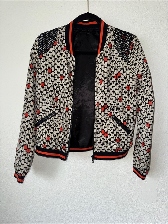Dance & Marvel Jackets & Blazers - Dance & Marvel Ivory and Black Patterned Bomber with Orange Trim